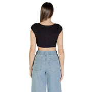 Women’s black cap-sleeve crop top from Tommy Hilfiger Jeans featuring a round neck and cotton stretch fabric