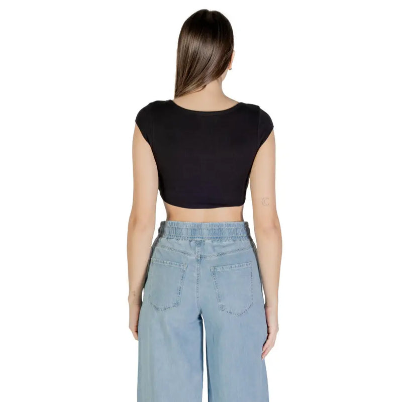 Women’s black cap-sleeve crop top from Tommy Hilfiger Jeans featuring a round neck and cotton stretch fabric