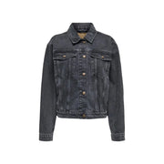 Women’s black cotton blazer with pockets featuring a dark gray denim jacket style front button closure and chest pockets