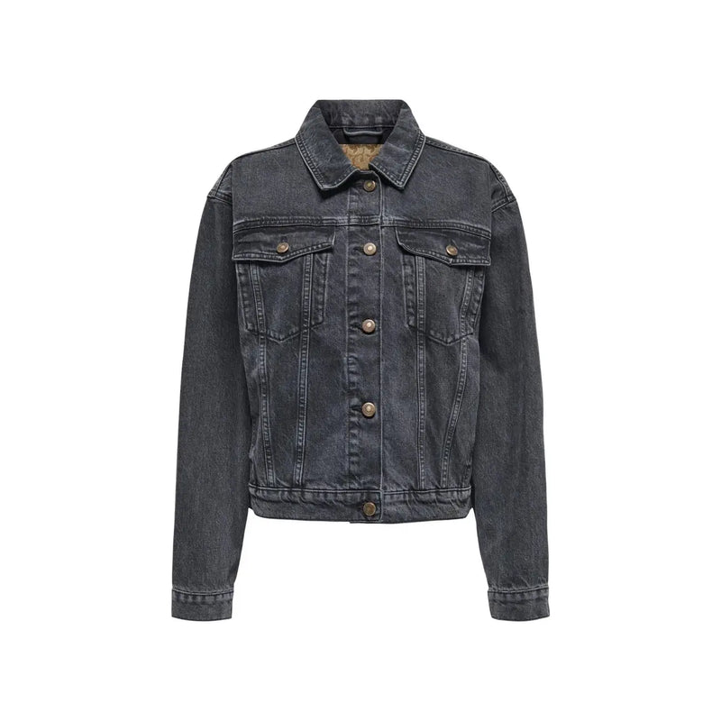 Women’s black cotton blazer with pockets featuring a dark gray denim jacket style front button closure and chest pockets
