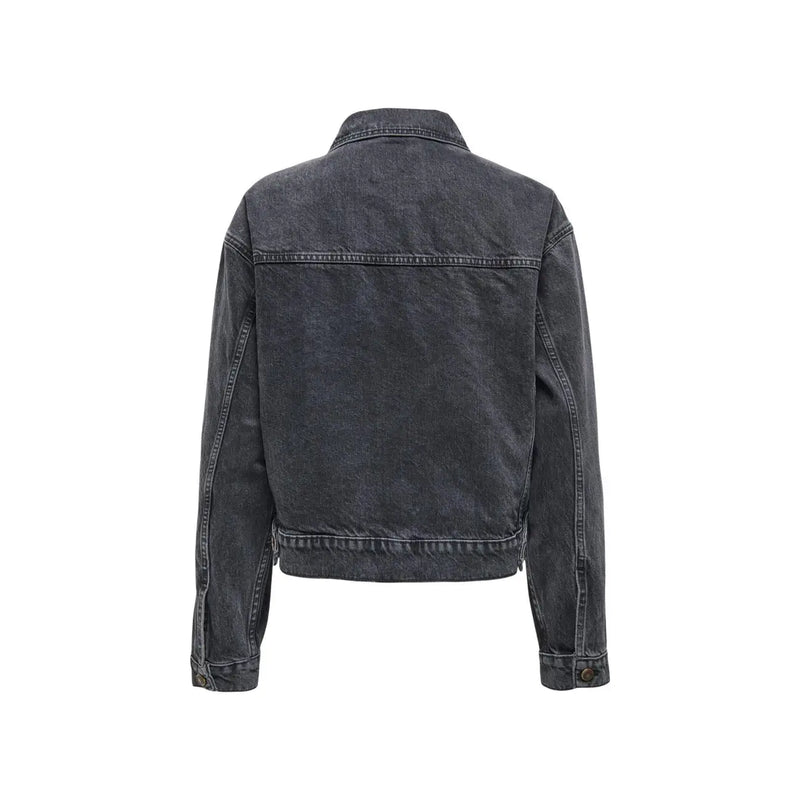 Women’s black cotton blazer with pockets shown from the back featuring a dark gray denim jacket texture and stitching details
