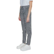 Women’s black and white geometric houndstooth high-waisted trousers with elastic drawstring waist and lace detail