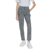 Women’s black geometric trousers with lace detail featuring high-waisted black and white houndstooth drawstring trousers