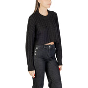 Women’s black cable knit cropped sweater from Womens Black Long Round Neck Knitwear for Fall Winter