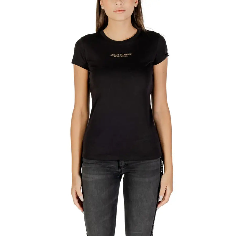 Women’s black short-sleeve cotton T-shirt with gold logo from Armani Exchange