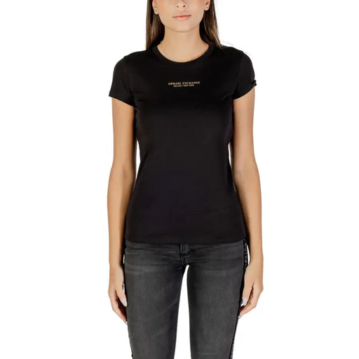 Women’s black short-sleeve cotton T-shirt with gold logo from Armani Exchange