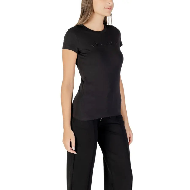 Women’s black short-sleeve cotton T-shirt with rounded neckline and rhinestone accents