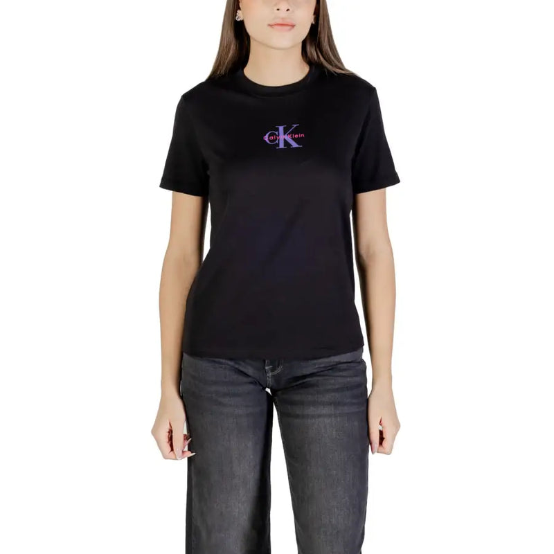 Women’s black short-sleeve Calvin Klein Jeans T-shirt with purple and pink CK logo