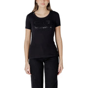 Women’s black short-sleeve T-shirt with rounded neckline and dark chest embellishments