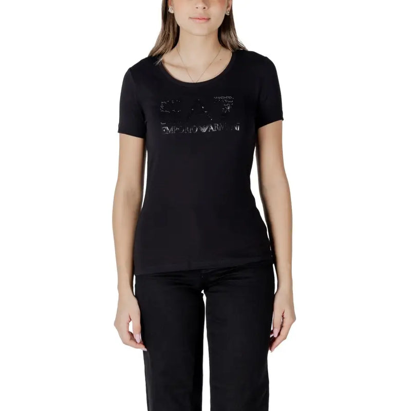 Women’s black short-sleeve T-shirt with rounded neckline and dark chest embellishments