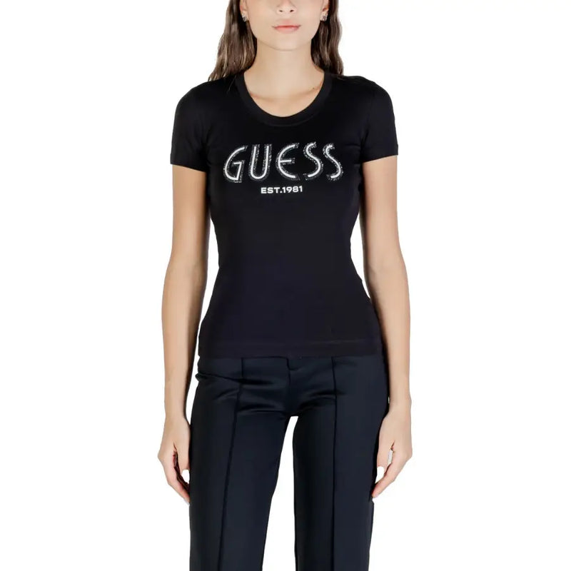 Women’s black short-sleeve T-shirt with white GUESS EST 1981 graphic for Fall Winter collection