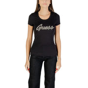 Women’s black short-sleeve T-shirt with Guess in silver rhinestones, perfect for fall winter fashion