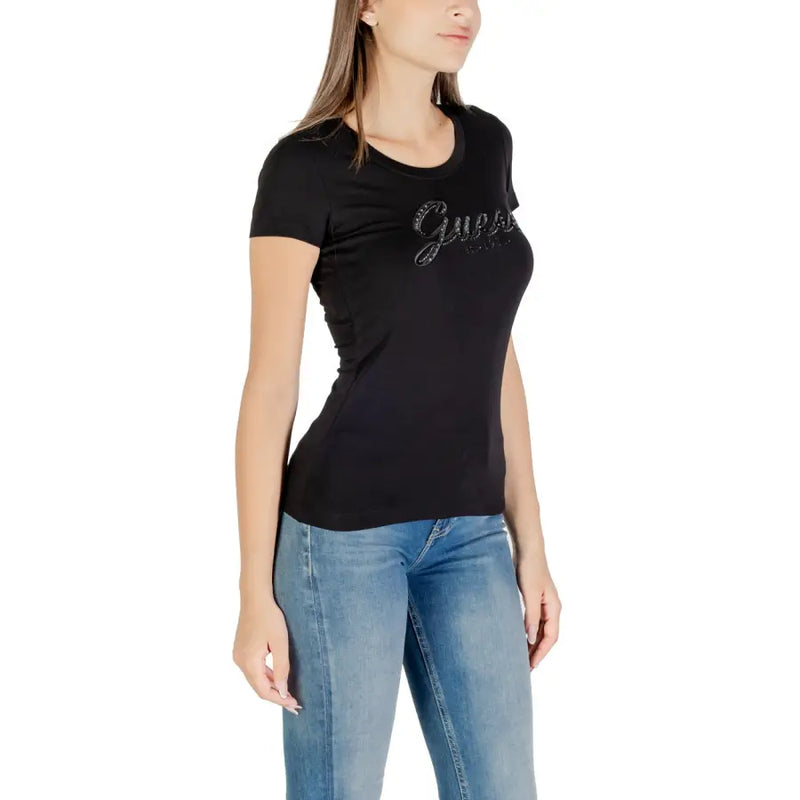 Women’s black short-sleeve T-shirt with sparkly Guess logo and rhinestone print