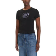 Women wearing black organic cotton T-shirt with heart graphic and blue denim midi skirt