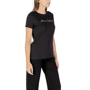 Women’s black short-sleeved cotton T-shirt from Armani Exchange featuring a round neckline