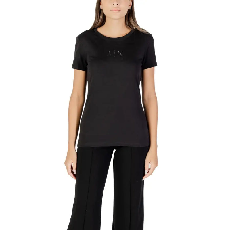Women’s black short-sleeved cotton T-shirt with subtle rhinestone embellishment by Armani Exchange