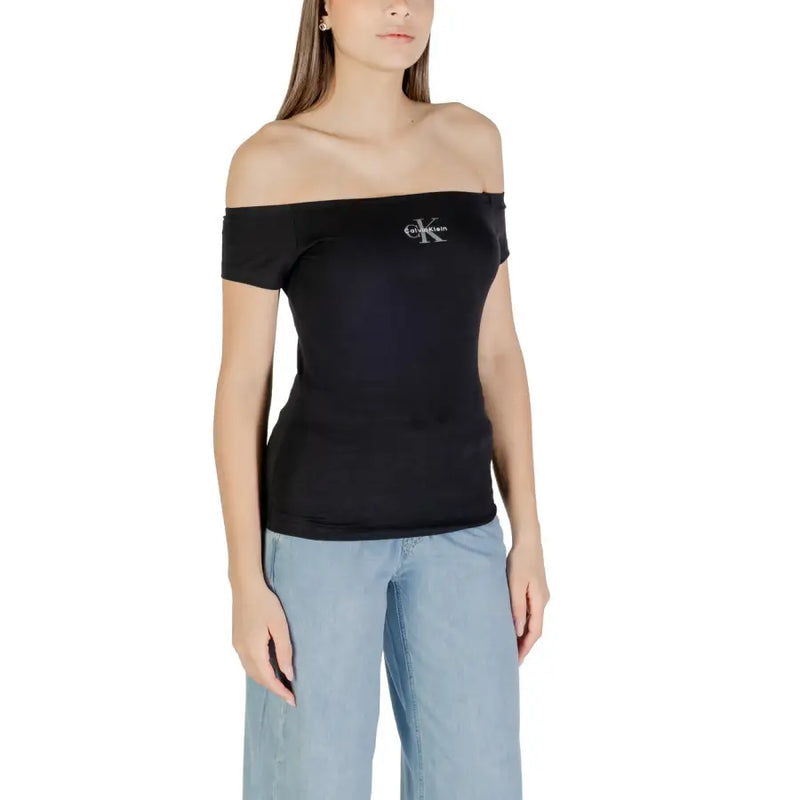 Women’s black off-the-shoulder Calvin Klein Jeans top with silver logo on chest