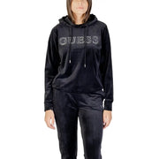Women’s black velvet hooded tracksuit with rhinestone GUESS logo for activewear fashion