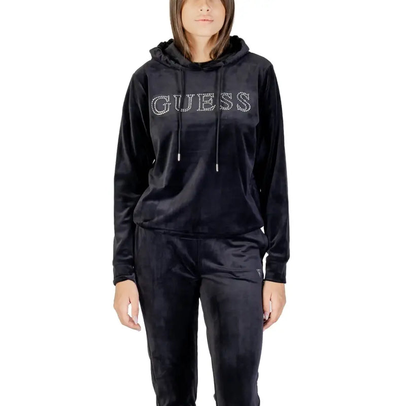 Women’s black velvet hooded tracksuit with rhinestone GUESS logo for activewear fashion