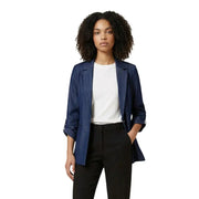 Women’s navy blue blazer with lapel collar, front pockets, rolled-up sleeves, and a tailored fit