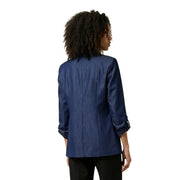 Navy blue women’s blazer with lapel collar, three-quarter sleeves, front pockets, and subtle textured fabric
