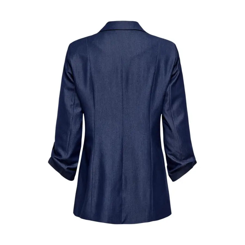 Navy blue satin women’s blazer with lapel collar three-quarter length sleeves and front pockets