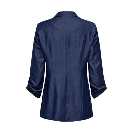 Navy blue satin women’s blazer with lapel collar three-quarter length sleeves and front pockets