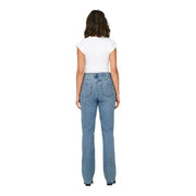 Jean évasé taille haute en denim clair pour femme, 100 % coton, avec une coupe classique à cinq poches.
