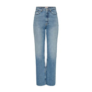 Jean bleu taille haute pour femme, coupe droite, 100 % coton, poches, délavage bleu moyen avec détails délavés.