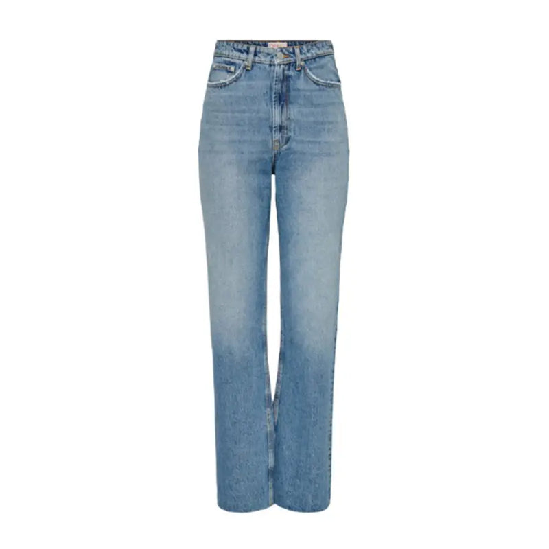 Jean bleu taille haute pour femme, coupe droite, 100 % coton, poches, délavage bleu moyen avec détails délavés.