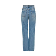 Jean en denim bleu clair délavé pour femme, 100 % coton, taille haute, coupe droite et poches classiques (vue de dos).