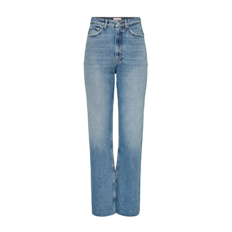 High-waisted straight-leg women’s blue jeans 100 percent cotton with pockets in medium blue wash with fading details