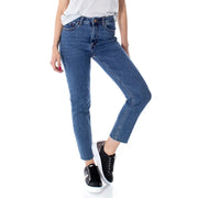 Mittelhoch geschnittene, blaue Damen-Jeans aus Denim mit geradem Bein und verkürztem Saum, aus 99 % Baumwolle und 1 % Elastan, maschinenwaschbar