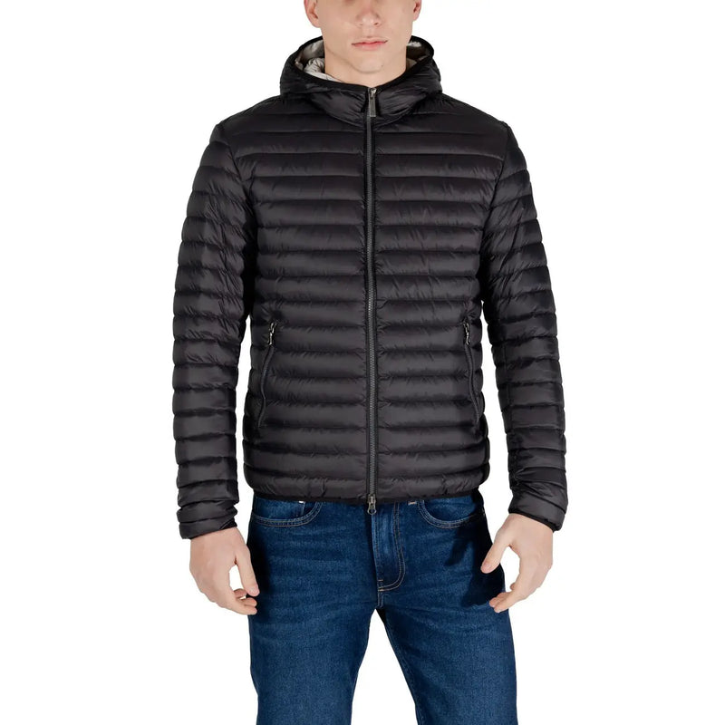 Black hooded puffer jacket from Women’s Blue Nylon Hooded Blazer with Zip and Pockets