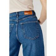 Women’s blue plain cotton jeans showing the back with a brown leather patch featuring the Only brand name