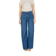 Women’s blue plain cotton jeans featuring high-waisted fit, straight-leg cut, and classic five-pocket design