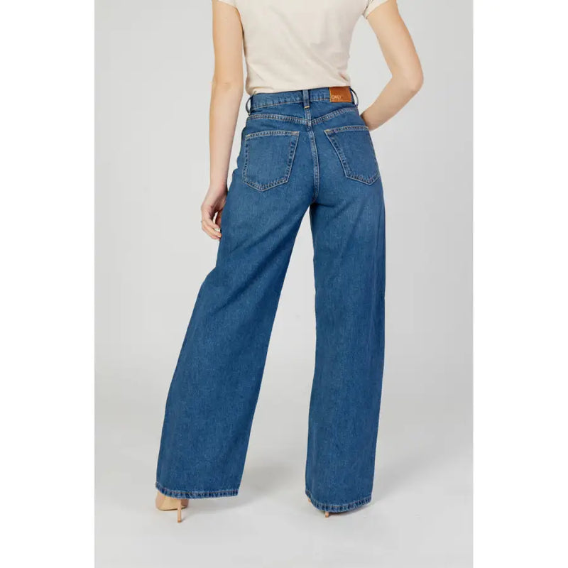 Women’s blue plain cotton jeans shown from the back with wide-leg fit brown leather belt loop and classic pockets