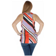 Womens colorful striped wrap top with sleeveless design and bold diagonal stripes in orange black white and lavender