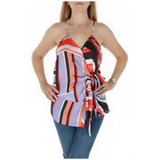 Womens colorful striped wrap top with vibrant vertical stripes in red black lavender and peach tones