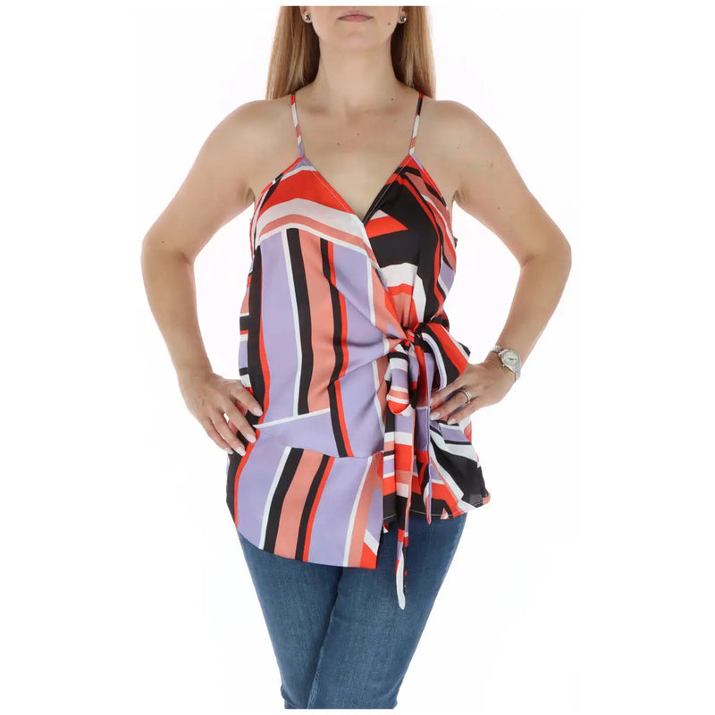 Womens colorful striped wrap top with vibrant vertical stripes in red black lavender and peach tones