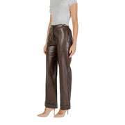 Women’s dark brown faux leather wide-leg trousers with cuffed hems for fall winter fashion