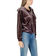Women’s dark brown velvet hooded zip-up jacket with front pockets from Liu Jo Women Long collection