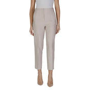 Women’s high-waisted beige cropped trousers with button closure and front pockets
