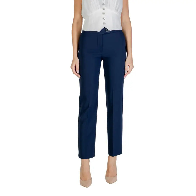 Women’s navy blue high-waisted trousers with asymmetric button closure from Blue Rinascimento Fall Winter collection