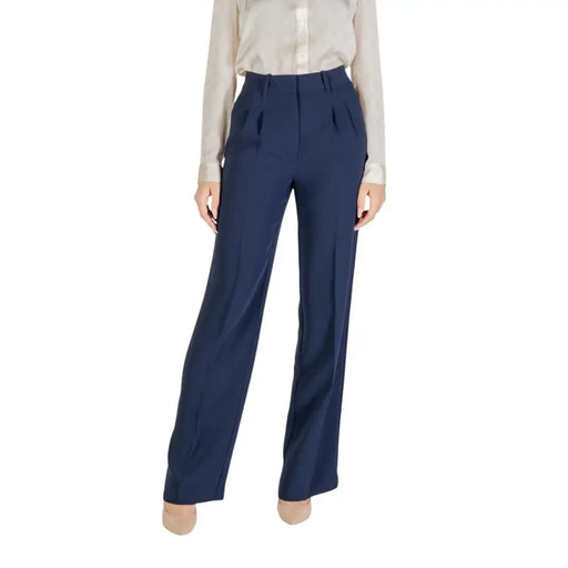 Women’s high-waisted navy blue wide-leg polyester trousers with pockets for fall winter fashion