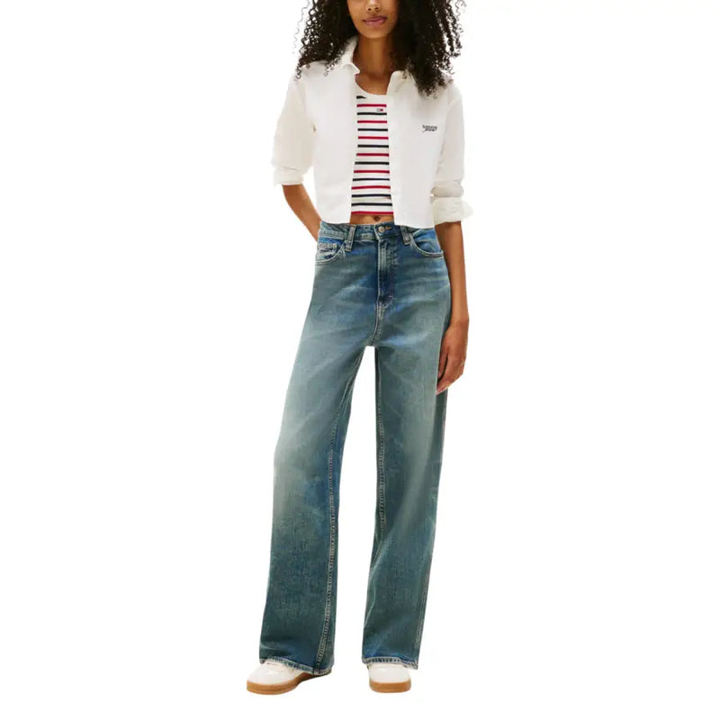 Women’s high-waisted wide-leg jeans in light to medium blue wash with Tommy Hilfiger White Long Sleeve Button Shirt