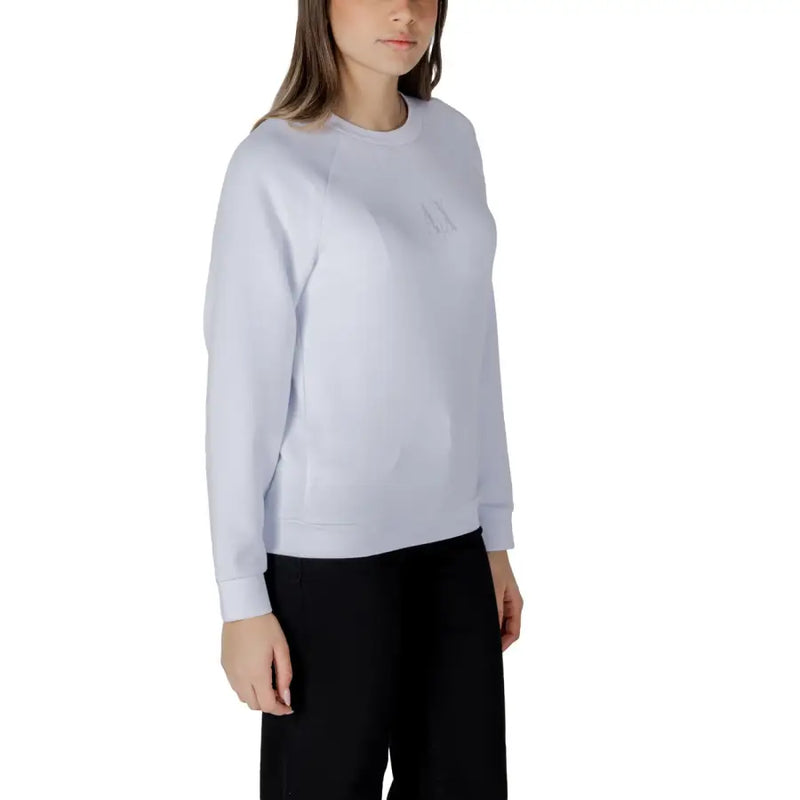 Women’s light blue Armani Exchange sweatshirt with subtle logo on chest made from soft comfortable fabric