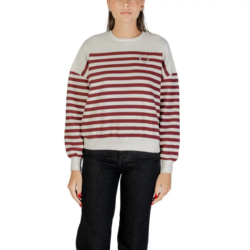 Women’s light gray and maroon striped crew-neck long-sleeve sweatshirt with rhinestones