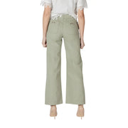 Women’s light green wide leg pants in olive with subtle texture and decorative metal accents on back pockets view