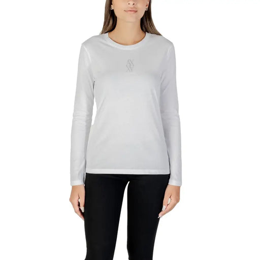 Women’s light grey long-sleeved crew-neck T-shirt with subtle emblem from Armani Exchange